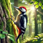 DALL·E 2025-01-22 07.22.43 - A photorealistic image of a woodpecker perched on the trunk of a tree in a lush forest, with its beak drilling into the wood. The bird is detailed, sh