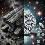 DALL·E 2025-01-22 07.36.48 - A visually striking composition showing the contrast between charcoal and diamonds. On one side, depict a pile of black, textured charcoal pieces, gri