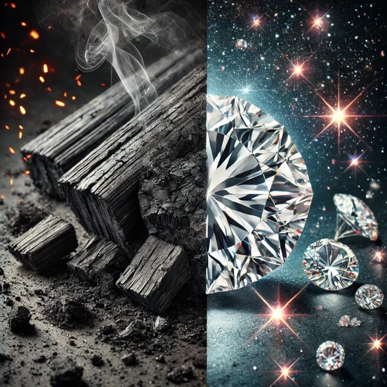 DALL·E 2025-01-22 07.36.48 - A visually striking composition showing the contrast between charcoal and diamonds. On one side, depict a pile of black, textured charcoal pieces, gri