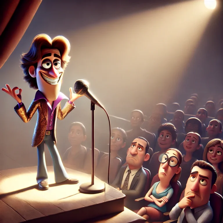 DALL·E 2025-01-22 08.52.03 - A Pixar-style 3D illustration of an overly confident character standing on a stage under a spotlight, speaking into a microphone with exaggerated hand