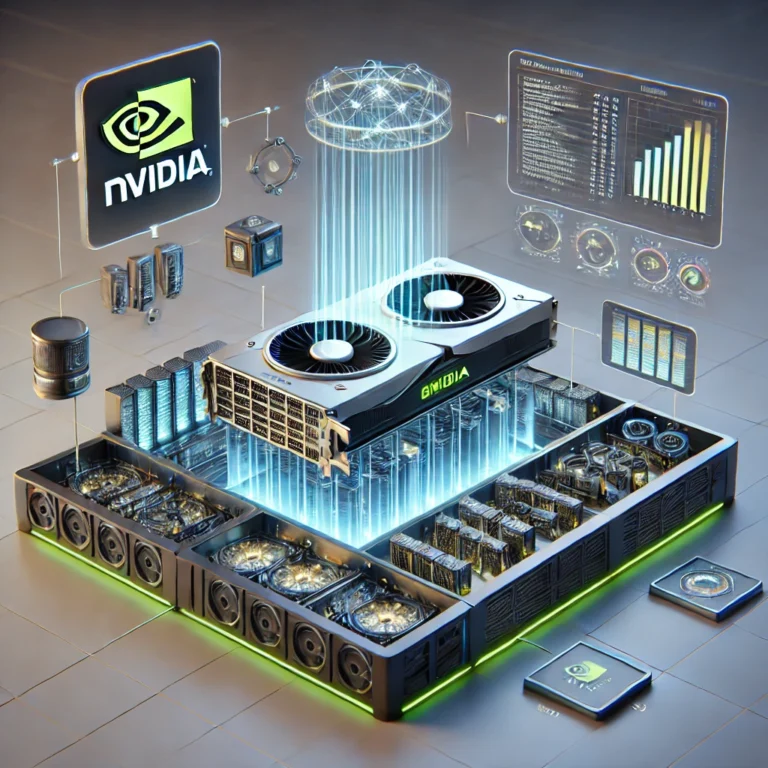 DALL·E 2025-01-28 07.25.54 - A highly detailed 3D digital cartoon-style visualization showing NVIDIA GPUs powering AI workloads. The image features a labeled breakdown of componen