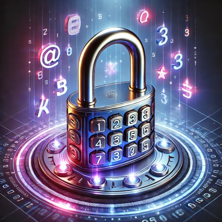 DALL·E 2025-02-01 15.13.55 - A dynamic and polished 3D thumbnail for a password generator application. The central feature is a large metallic padlock with a glossy, high-tech fin