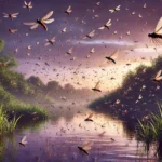 DALL·E 2025-02-05 07.57.19 - A photorealistic illustration of a swarm of fluttering mayfly (day fly) insects near a serene river at twilight. The sky is tinted with soft purple an