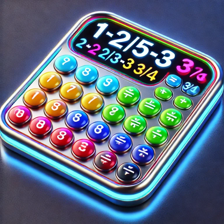 DALL·E 2025-02-12 19.09.51 - A vibrant and colorful 3D fractions calculator with a modern metallic design. The display clearly shows a fraction calculation like '1 2_5 + 2 1_5 = 3