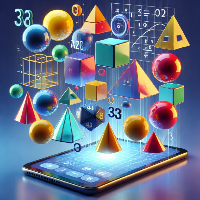 DALL·E 2025-02-15 22.54.38 - A 3D-rendered thumbnail for a Geometry Calculator app. The design features bold, glossy geometric shapes such as cubes, spheres, cones, and pyramids i
