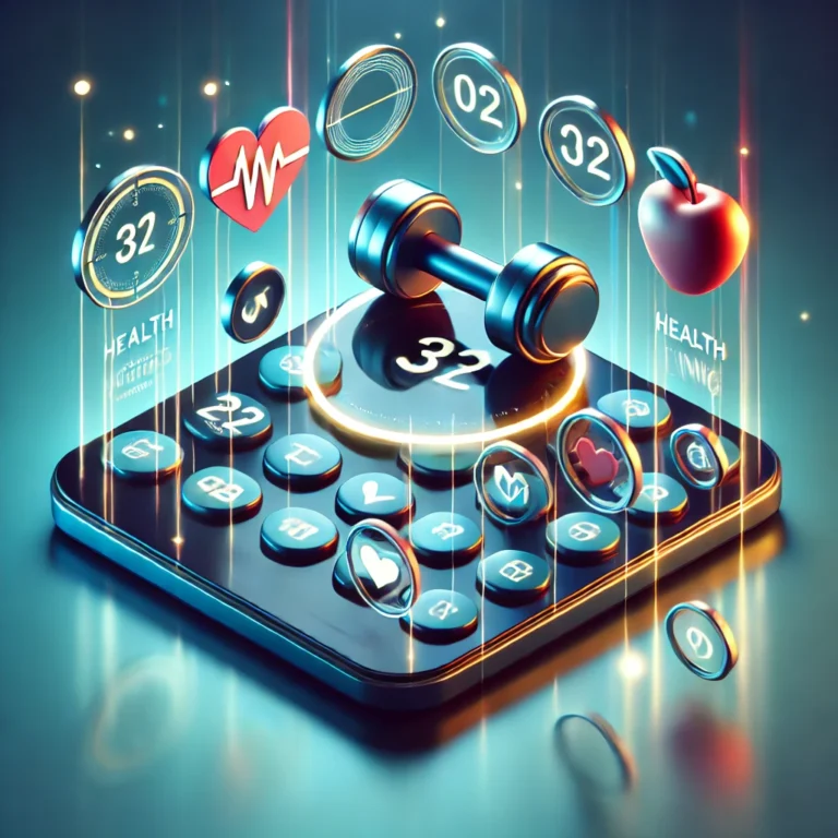 DALL·E 2025-02-15 23.16.54 - A 3D-rendered thumbnail for a Health and Fitness Calculator app. The design features bold, glossy icons representing general wellness, fitness trackin