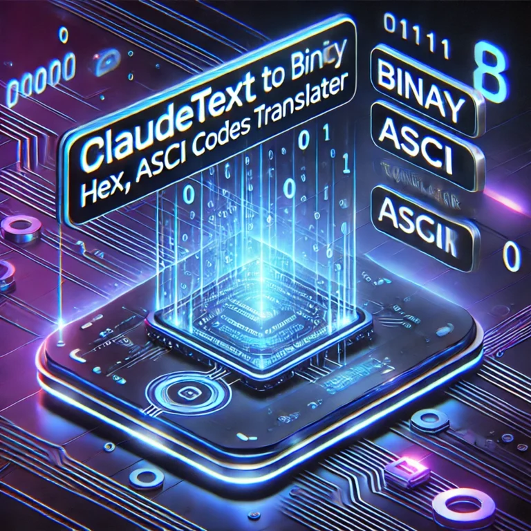 DALL·E 2025-02-16 13.51.57 - A futuristic and tech-inspired 3D thumbnail for a 'ClaudeText to Binary, Hex, ASCII Codes Translator' app. The design features a glowing blue digital