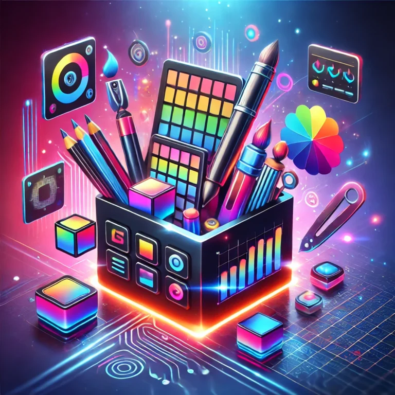 DALL·E 2025-02-16 20.23.21 - A modern and vibrant 3D thumbnail for a Design Suite Tools application. The design features a sleek, glossy 3D toolbox filled with colorful digital de