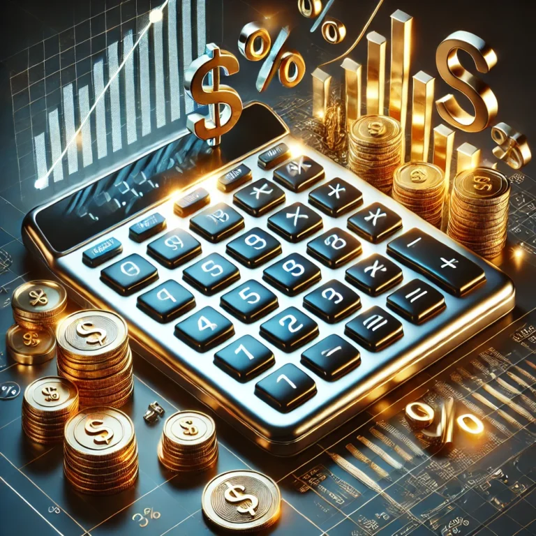 DALL·E 2025-02-17 11.36.16 - A high-tech 3D calculator with a glossy metallic finish, featuring financial symbols like a dollar sign ($), percentage (%), and a bar chart on its bu