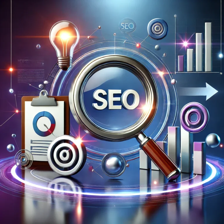 DALL·E 2025-02-17 12.22.22 - A modern 3D design featuring a magnifying glass with a glowing search icon in the center, symbolizing SEO. Surrounding it are floating elements like a