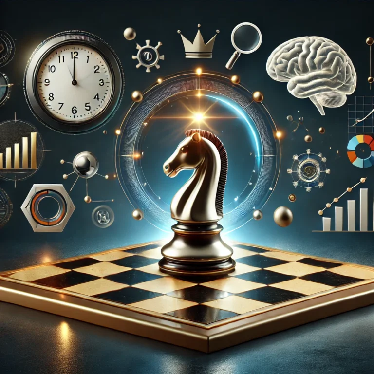 DALL·E 2025-02-17 12.23.33 - A dynamic 3D design featuring a glossy chessboard with a glowing knight chess piece in the center, symbolizing strategy and intelligence. Surrounding