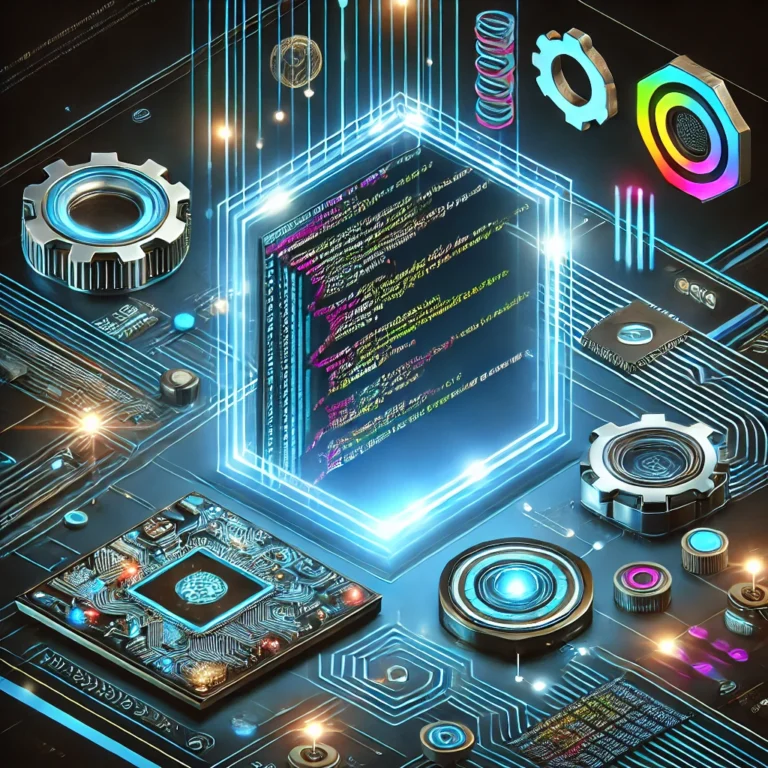 DALL·E 2025-02-17 12.25.43 - A futuristic 3D design featuring a glowing code window with lines of programming code in neon colors, symbolizing advanced programming tools. Surround