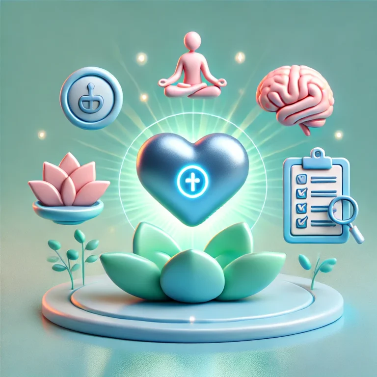 DALL·E 2025-02-17 12.31.52 - A calming 3D design featuring a glowing heart icon in the center, symbolizing mental health and well-being. Surrounding it are floating elements like