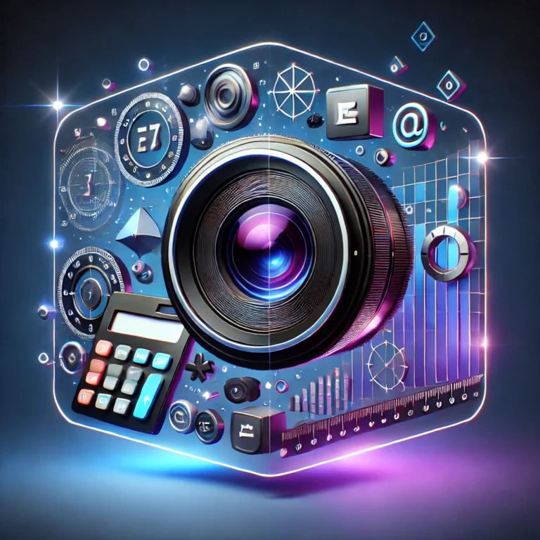 DALL·E 2025-02-18 16.15.30 - A modern 3D thumbnail featuring a sleek camera lens at the center, surrounded by floating calculation symbols like a calculator, ruler, and focus brac