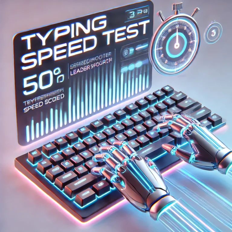 DALL·E 2025-02-21 07.38.40 - A modern 3D-rendered thumbnail for a typing speed test. The design features a sleek, glowing keyboard with motion blur effects, showing fast typing. A