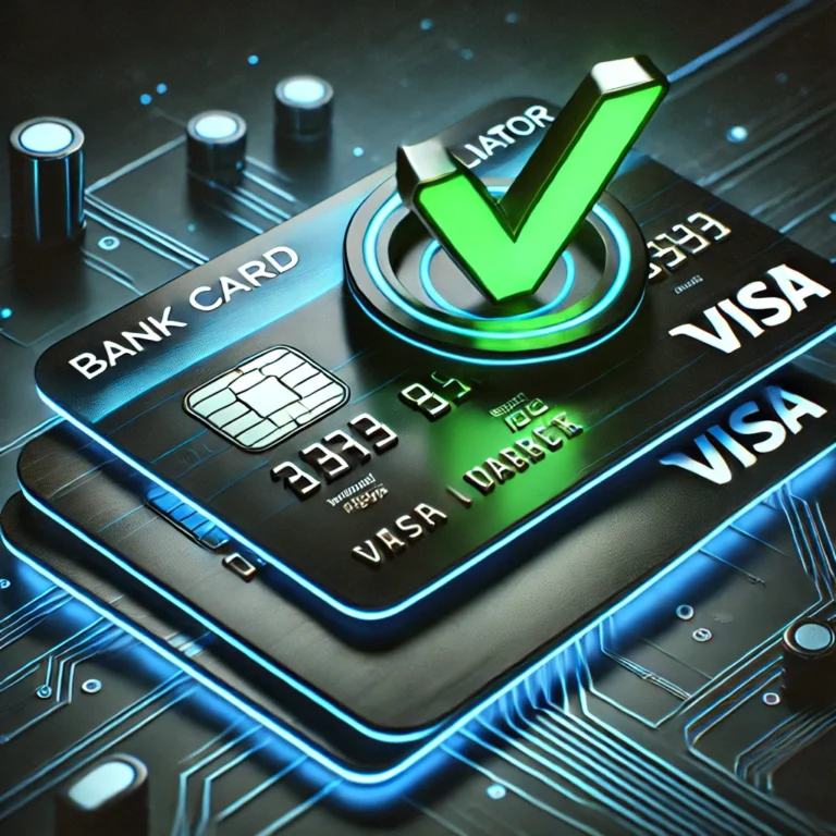DALL·E 2025-02-26 07.49.15 - A futuristic 3D thumbnail for a bank card validator. The design features a stack of modern credit and debit cards (Visa, Mastercard) with a sleek, glo