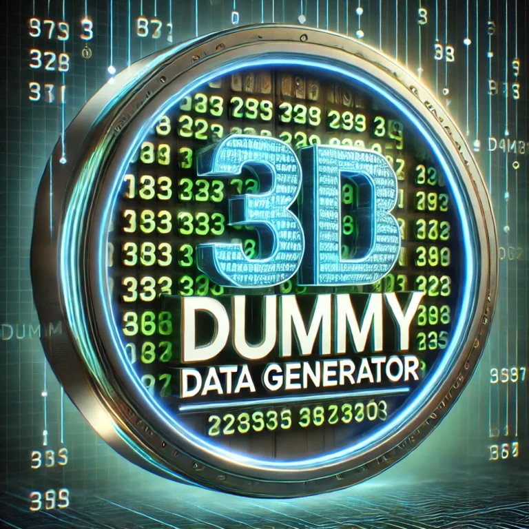 DALL·E 2025-02-26 07.51.14 - A futuristic 3D thumbnail for a Dummy Data Generator. The design features a sleek, high-tech database icon with rows of random numbers and text string