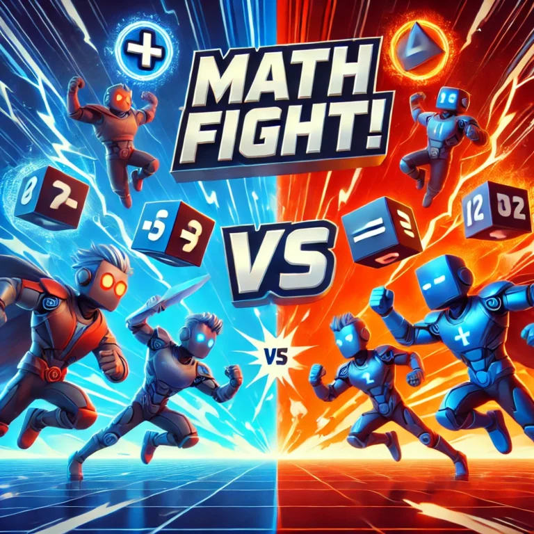 DALL·E 2025-03-17 19.15.42 - A thrilling 3D thumbnail for 'MATH FIGHT!' featuring four characters dynamically battling each other. The scene is split into bold blue and fiery red