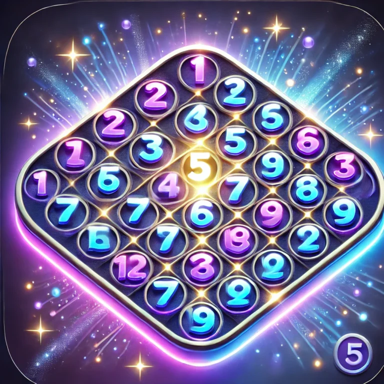 DALL·E 2025-03-19 08.18.44 - A vibrant 3D thumbnail for a 5x5 magic square numbers game. The design features a glowing 5x5 grid of numbers from 1 to 25, without repetition, arrang