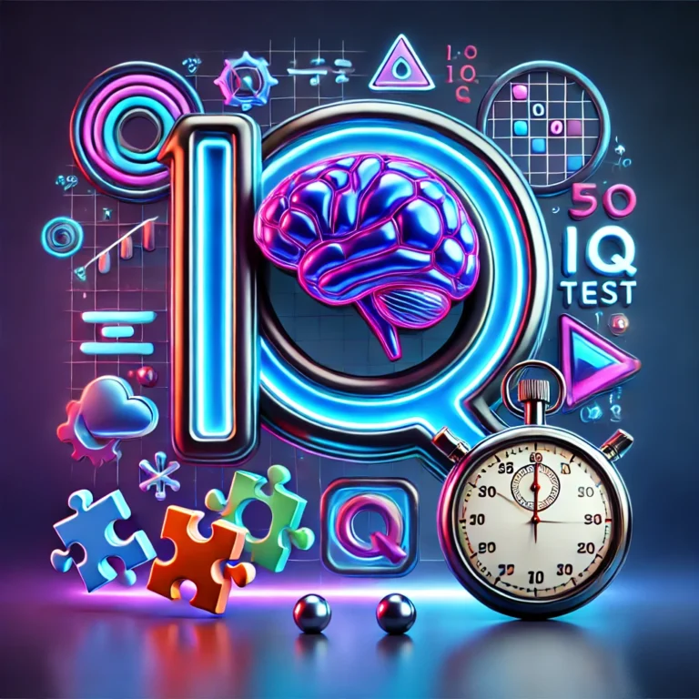 DALL·E 2025-03-19 11.15.40 - A 3D-rendered thumbnail for an IQ Test Exam with a futuristic design. The main elements include large, glossy metallic 'IQ' text with a reflective sur