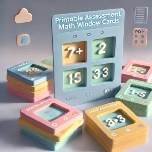 DALL·E 2025-03-21 15.45.54 - A 3D thumbnail for 'Printable Assessment Math Window Cards' in a playful educational style. The scene includes a stack of colorful 3D flashcards in pa