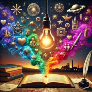 DALL·E 2025-03-25 22.27.57 - A glowing lightbulb hovering above an open book, from which colorful swirls of fog emerge, transforming into floating icons like quill pens, stars, pl