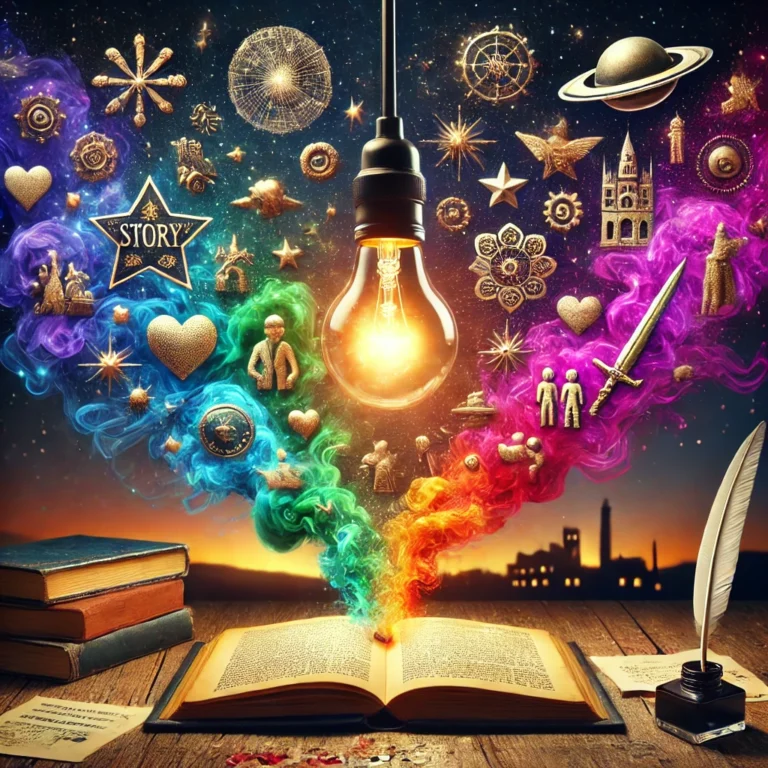 DALL·E 2025-03-25 22.27.57 - A glowing lightbulb hovering above an open book, from which colorful swirls of fog emerge, transforming into floating icons like quill pens, stars, pl