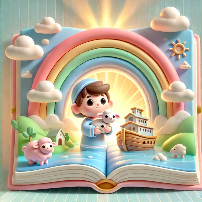 DALL·E 2025-03-28 08.29.49 - A 3D thumbnail design for a children's app to write biblical stories. The central focus is a soft pastel-colored open storybook with glowing pages. On