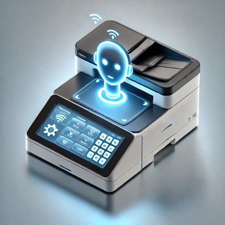 DALL·E 2025-03-29 10.09.01 - A sleek 3D thumbnail showing a futuristic AI assistant interface hovering above a Konica Minolta Bizhub 367 printer. The assistant is represented as a